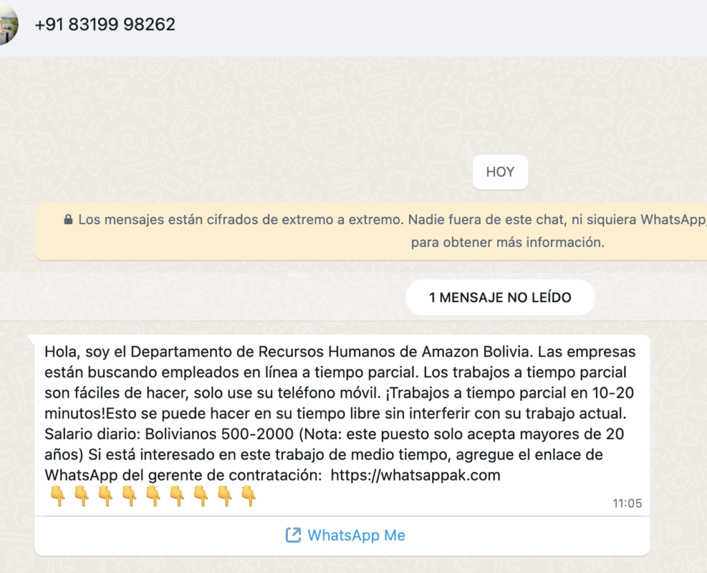 Mensaje de WhatsApp con una oferta para trabajar en Amazon Bolivia = ofertas de trabajo en amazon